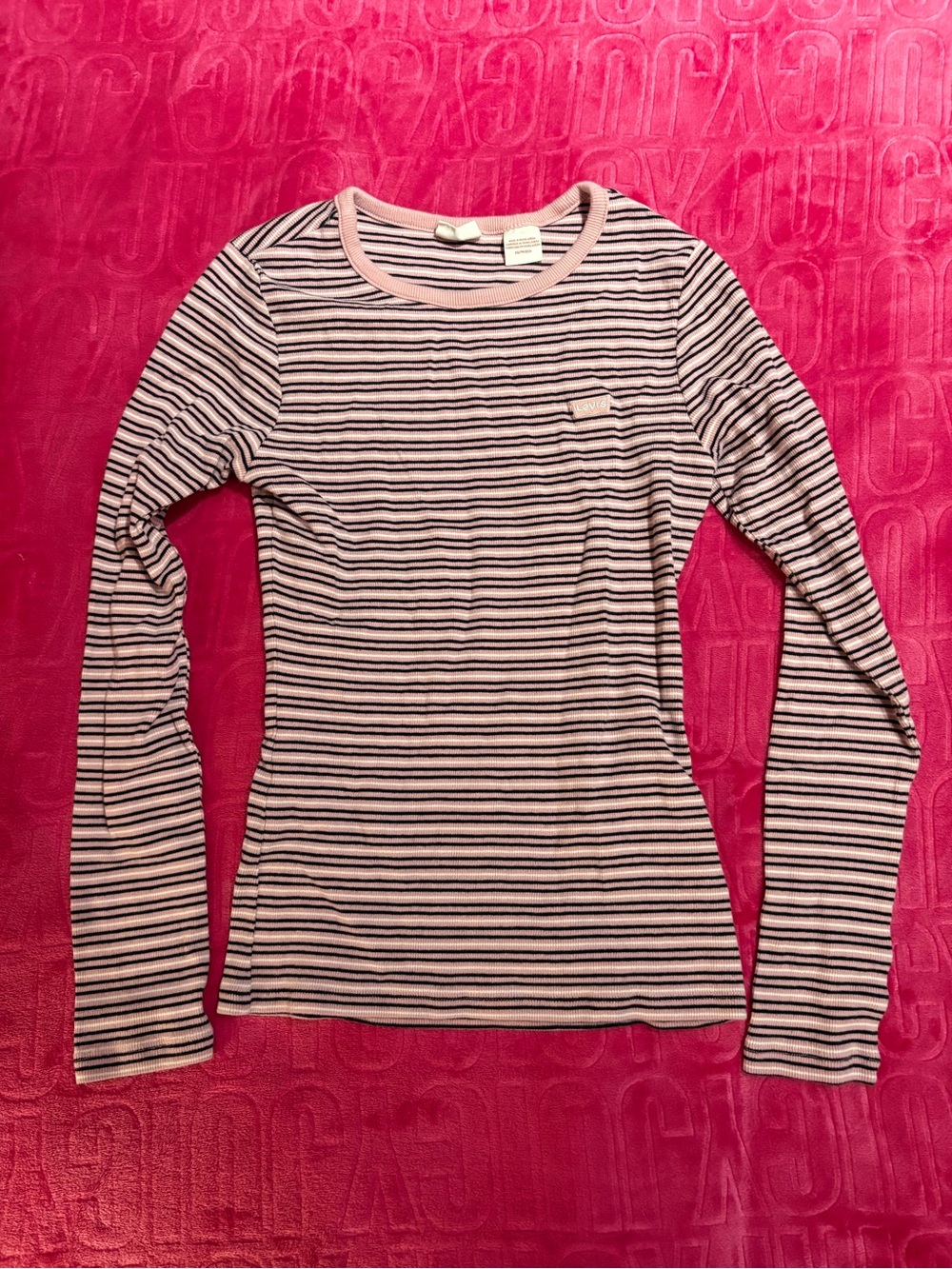 Levi’s Pink & Black Striped Ribbed Long Sleeve Top XS | Y2K Basic Baby Tee